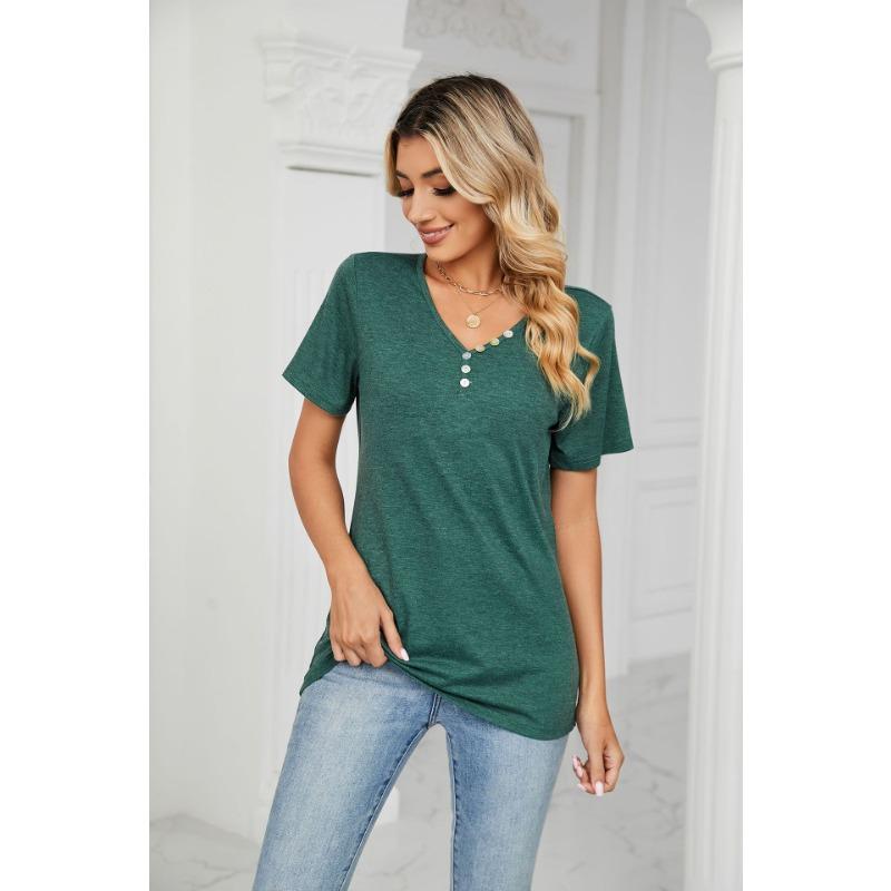 Summer Women's T-Shirt Solid Colour Button Loose V-Neck Short Sleeve Top