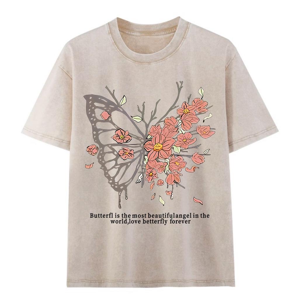 Unisex Retro Washed Cotton Short Sleeve T-shirt - Vintage Style, European & American Trend, Loose Five-Point Sleeve