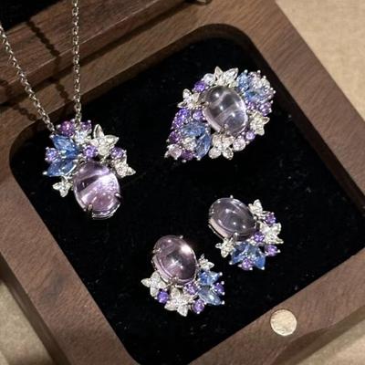 Luxe Léger Premium Rétro Monet Glycine Améthyste Incrusté de Diamants Collier Bague Boucles d'Oreilles Puces Ensemble Exquis Extravagant