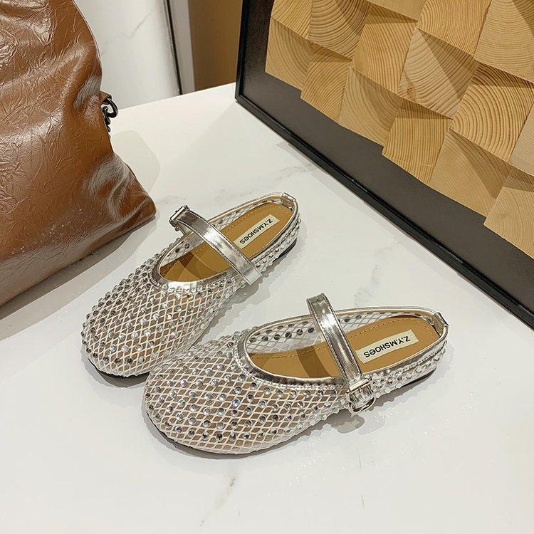 Age-reducing Gypsy Rhinestone Baotou Drag Women's Outer Wear 2025 Summer New Soft Flat-bottomed Mesh Breathable Beautiful Slippers