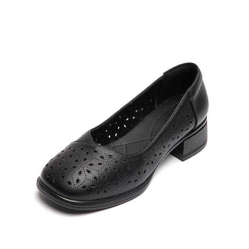 Fashion Comfort Low Heels Women's Shoes Sandals Genuine Leather Soft Soles Summer 2024 New Breathable Hollow Out Mom's Shoes