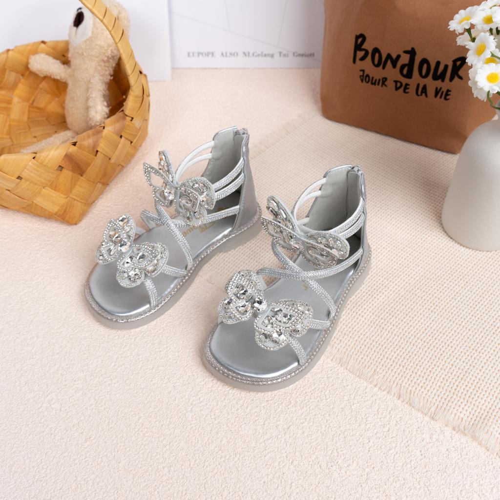 Children Roman Sandals Shiny Glitter Kids Fashion Shoes Butterfly 2025 Summer New Girls Princess Shoes Back Zipper Open Toes