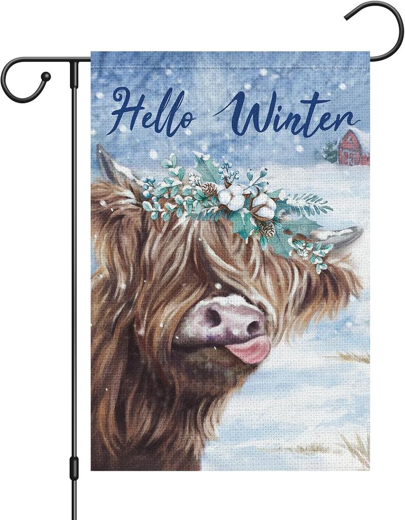 Hello Winter Cow Garden ag 12x18 Inch Double Sided, Burlap Snow Highland Cattle Winter Garden ag for Outside Farmhouse Y GGO