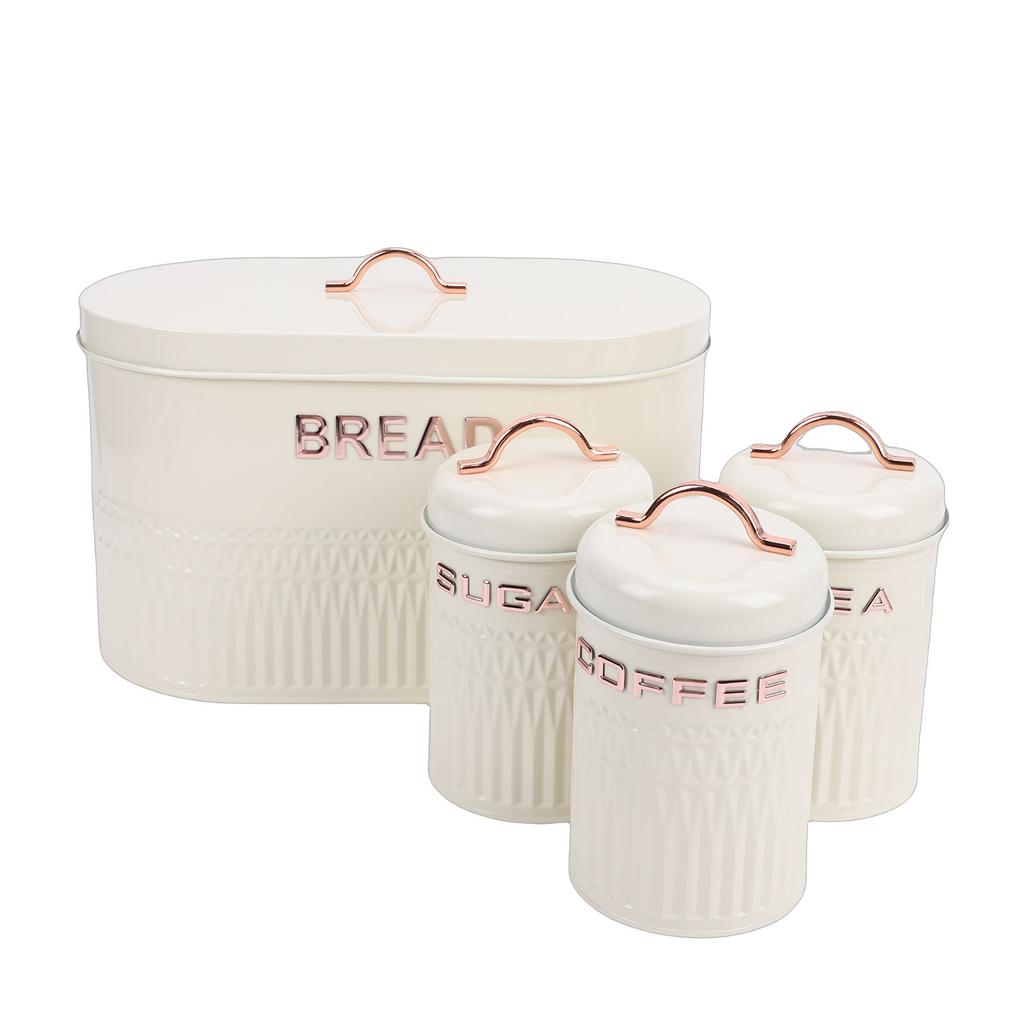 Set da 4 pezzi: Porta pane e barattoli in ferro per cucina, Caffè, Tè, Zucchero, Porta pane in metallo per piano di lavoro