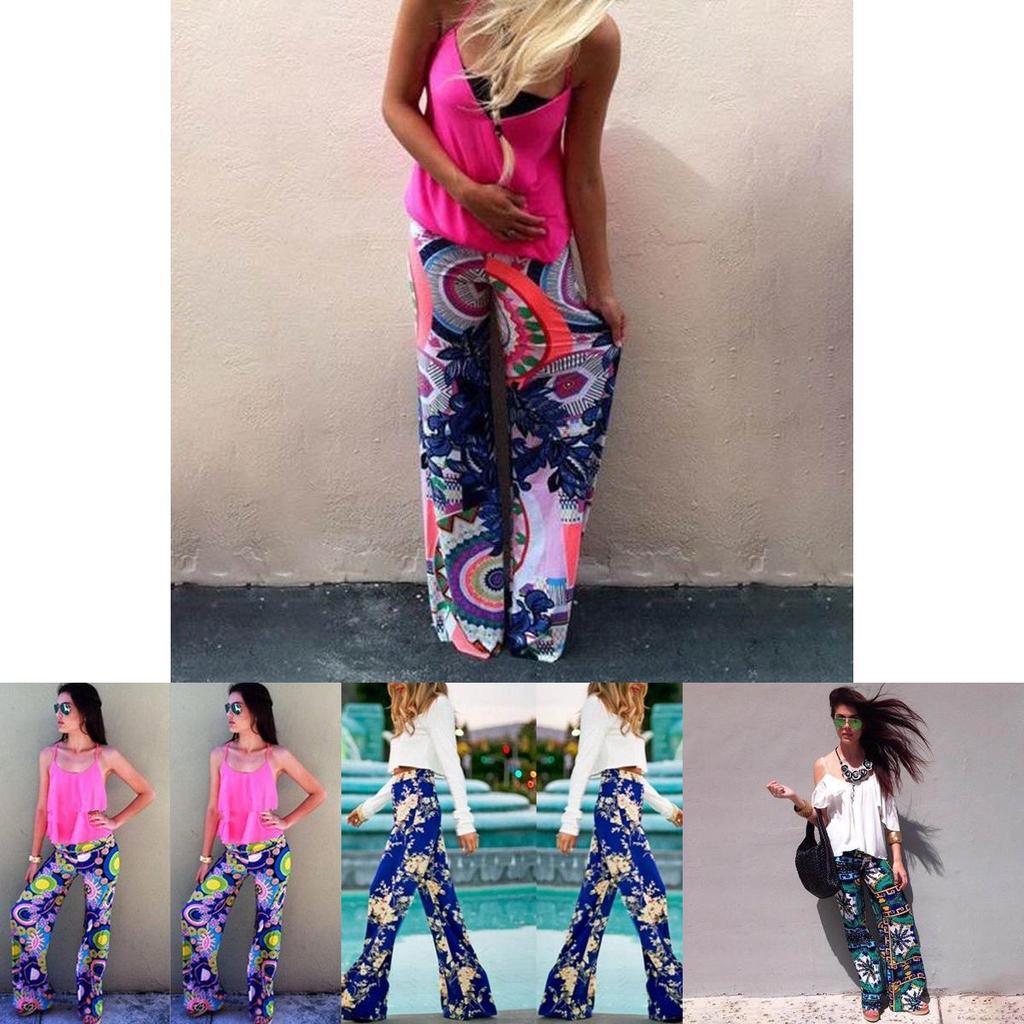 Women Bohemia Long Pants Floral Print Straight Casual Loose Trousers With Micro Fiber Material