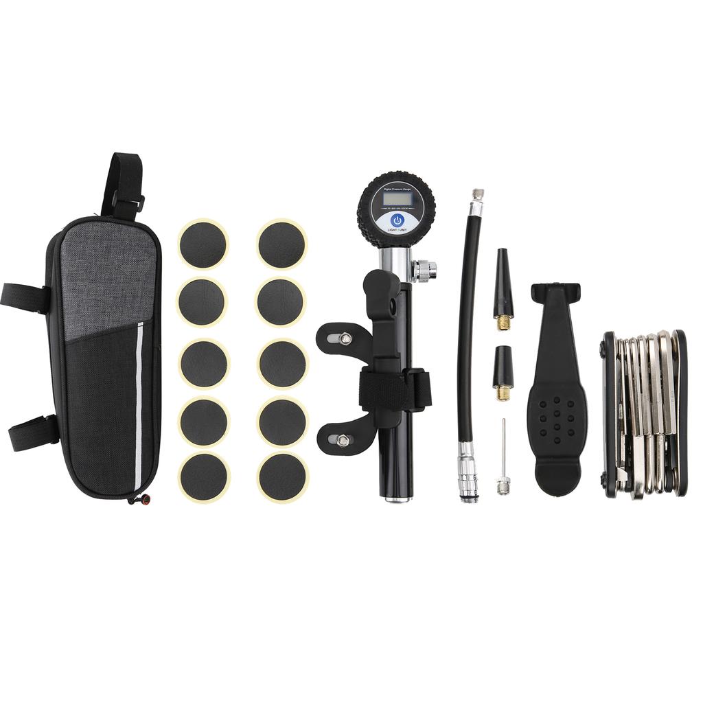 Zestaw narzędzi do naprawy opon rowerowych, przenośny, outdoor, cyfrowa pompka, igła do pompowania, łatki naprawcze, zestaw kluczy