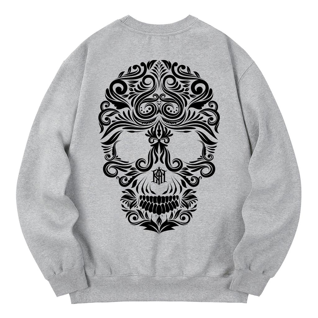 KAN6312 Kmg0041 Flower Skull Fleece-Lined Sweatshirt - Gray