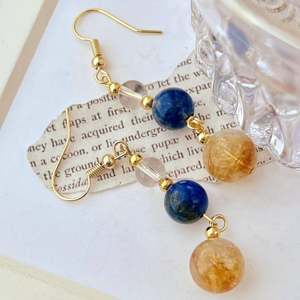 Vintage High Quality Natural Citrine White Crystal Lapis Lazuli Earrings Earrings