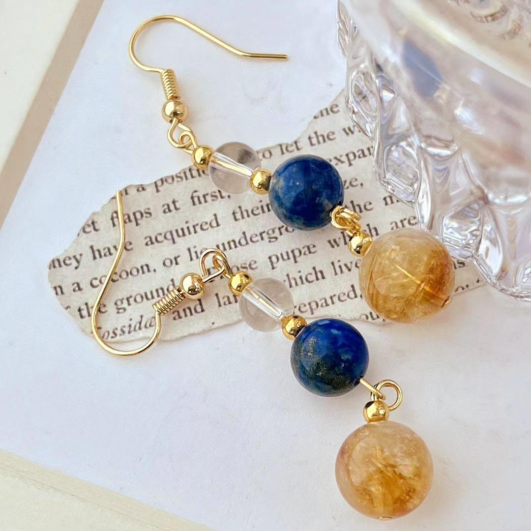 Vintage High Quality Natural Citrine White Crystal Lapis Lazuli Earrings Earrings