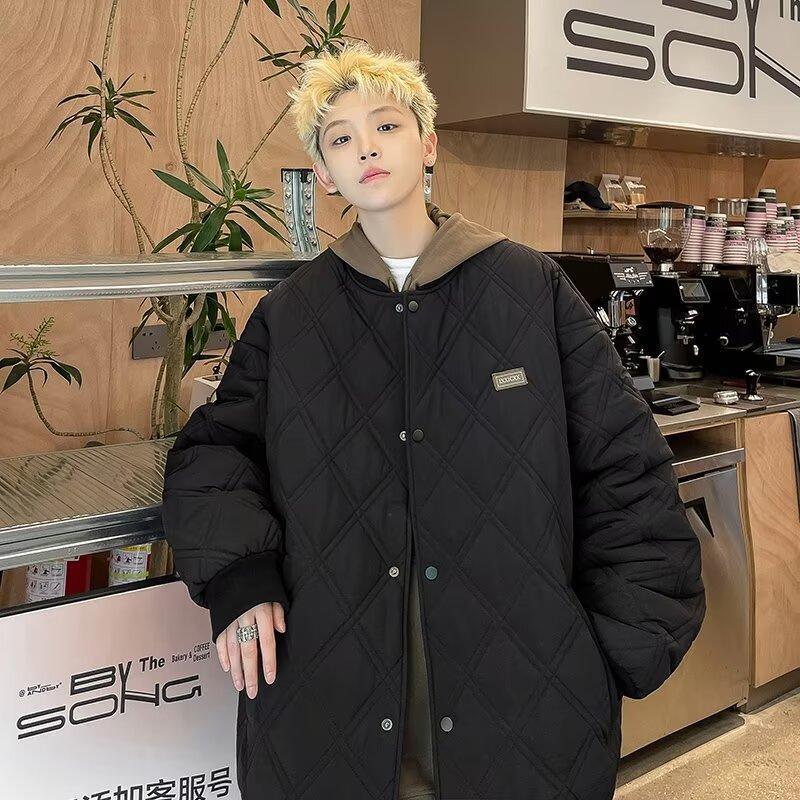 

Men s Trendy Retro Stand Collar Plaid Baseball Jacket - Autumn/Winter Thickened Cotton for Couples 3XL чорний