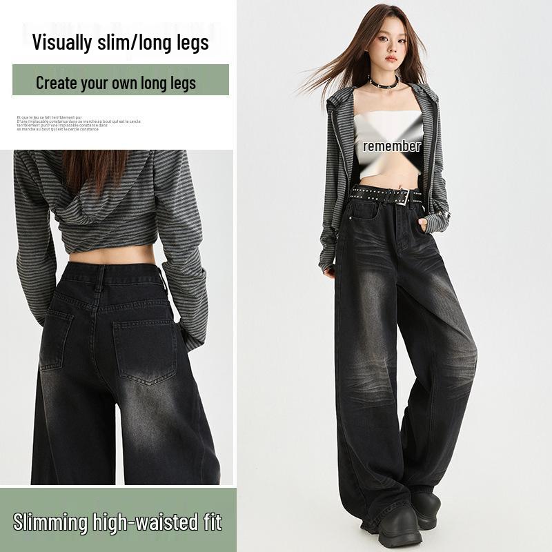 Dámské retro černé a šedé džíny se širokými nohavicemi s designem puku pro podzim 2025