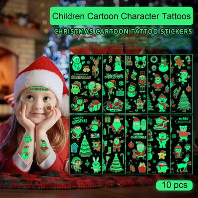 10 Stück Weihnachts-Tattoo-Aufkleber, wasserdicht, im Dunkeln leuchtende Cartoon-Aufkleber für Kinder, festliches Partyzubehör