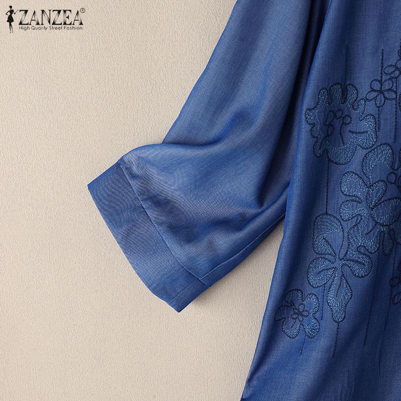 ZANZEA Dame Bluse med nedbrettskrage, 3/4-ermer, løs passform, broderi