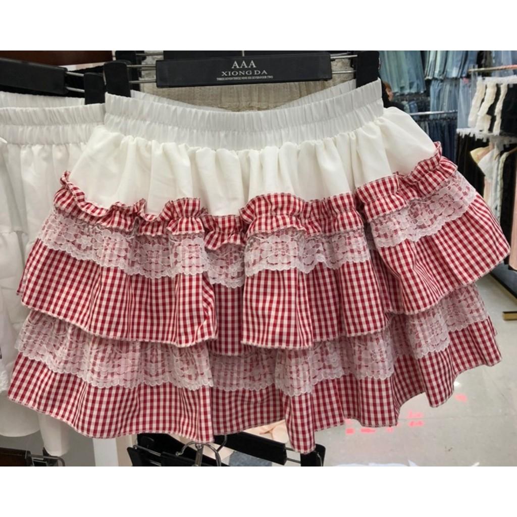 

Qooth Summer Pleated Lace Checkered Sweet Mini Ruffle Skirt Tiered Elastic Waist Bud Skirt QT2625 червоний