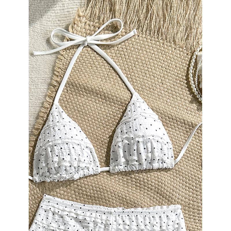 White Pot Print Lace Swimwear Sexy Halter String Triangle Bikinis Sets High Waist Bottom Shorts Swimsuit Women Bathing Suit
