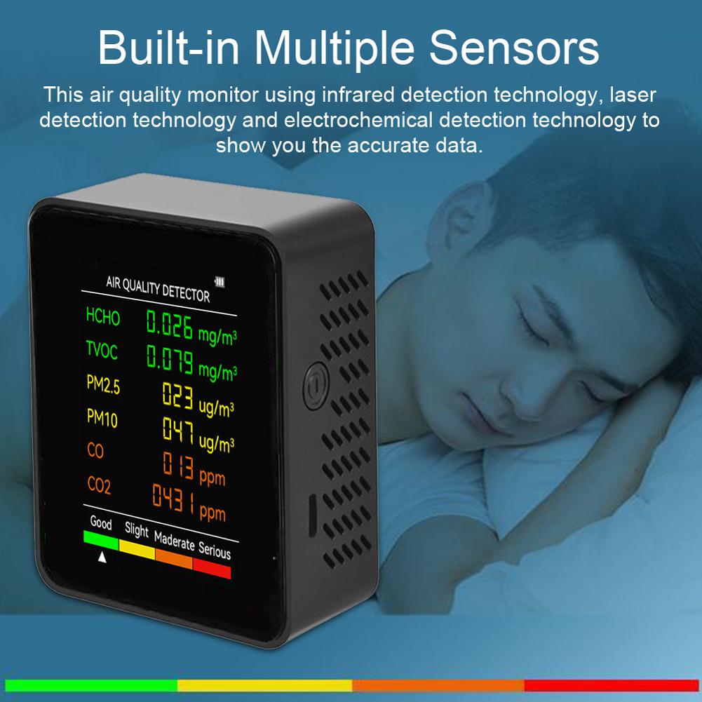 6 In 1 Multifunctional Air Quality Detector PM2.5 PM10 HCHO TVOC CO CO2 Formaldehyde Monitor LCD Display Home Air Quality Tester