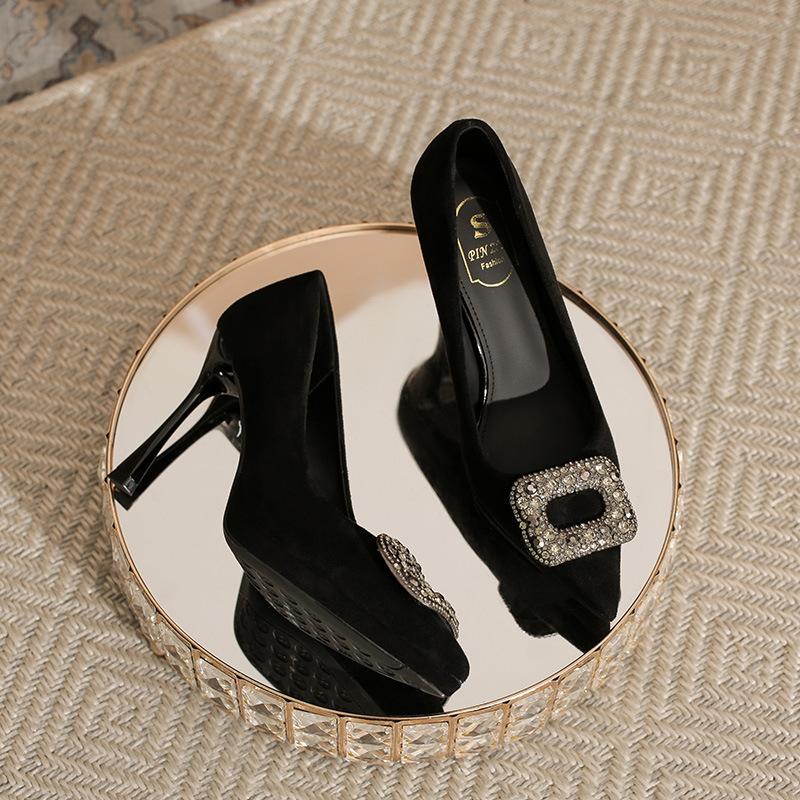 

Черные темпераментные туфли на высоком каблуке женские новые универсальные профессиональные рабочие туфли стразы квадратная пряжка водонепроницаемые туфли-стилеты на платформе 39