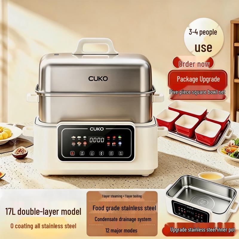 CUKO Pentola Elettrica Multi-strato Intelligente e Vaporiera: Elettrodomestico Domestico All-in-One per Stufare, Cuocere al Vapore, Tre Strati.