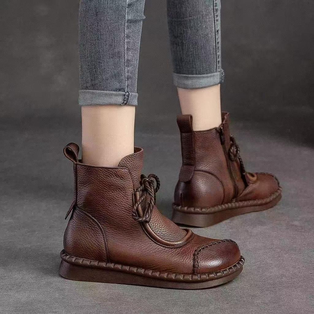 Autumn and Winter New Retro Boots Fleece Thickened Cotton Boots Soft Sole Soft Surface Casual Short Boots Side Zipper