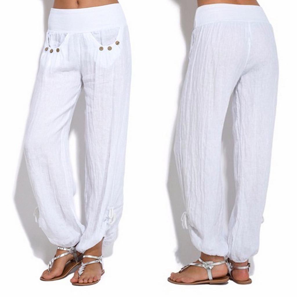 Fashion Women Solid Buttons Cotton And Linen Casual Loose Trouser Wide Leg Pants