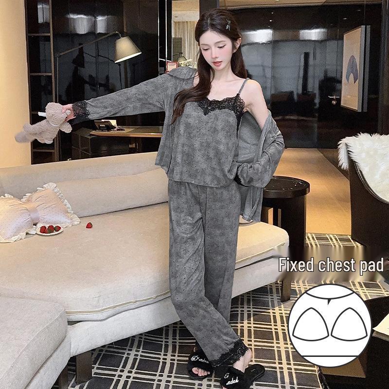 

Oh Mida Polka Dot Modal Pajama Set for Women: Long Sleeve, High-End Feel, 3-Piece Homewear with Built-in Bra Pads Extra Large