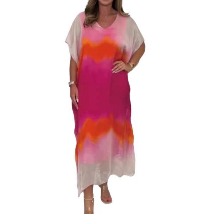 Gradient Printed Chiffon Maxi Dress V Neck Short Sleeve Beach Sundress Casual Loose Long Dress for Women Summer Holiday S розовый