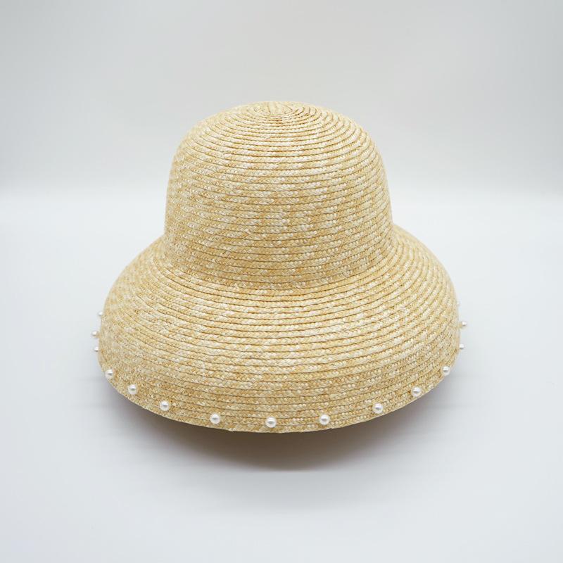 

French Retro Elegant Pearl Fine Straw Big Eaves Bell-Shaped Basin Hat Women S Summer Sunshade Vacation Beach Seaside Straw Hat M（56-58cm）