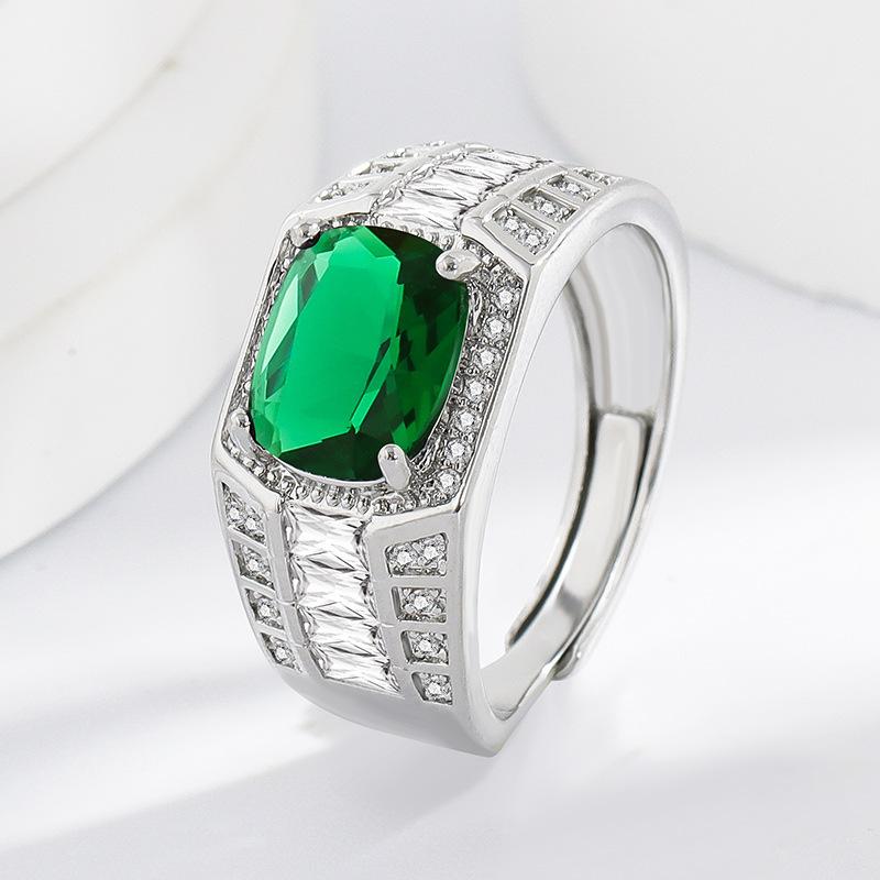 New Imitation Natural Topaz Ring Men s Silver-plated Emerald Men s Ring Size:Adjustable