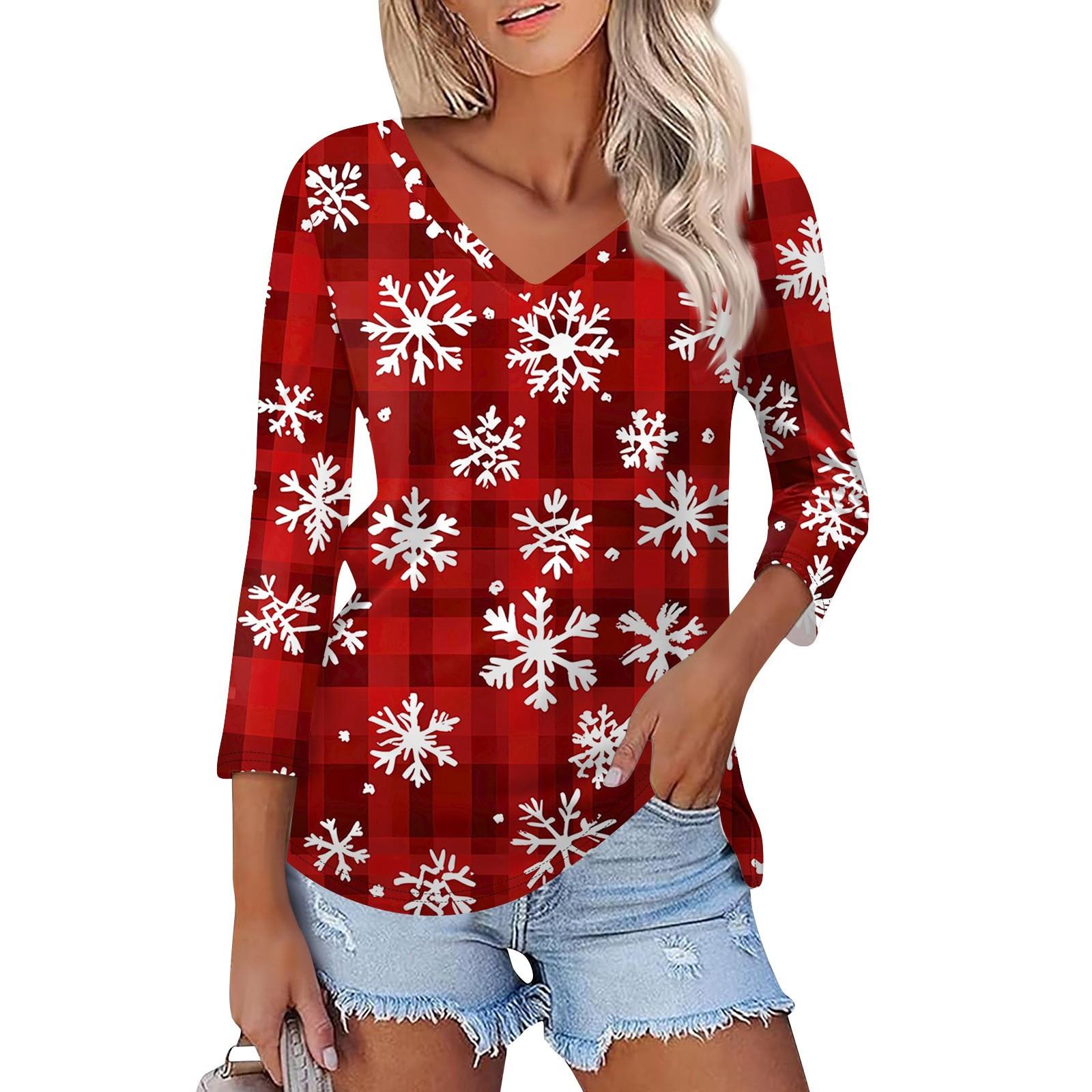 

Рубашка для женщин, модная, повседневная, с V-образным вырезом, рукавом 3/4, свободная, с рождественским принтом, женская футболка, топ L красный