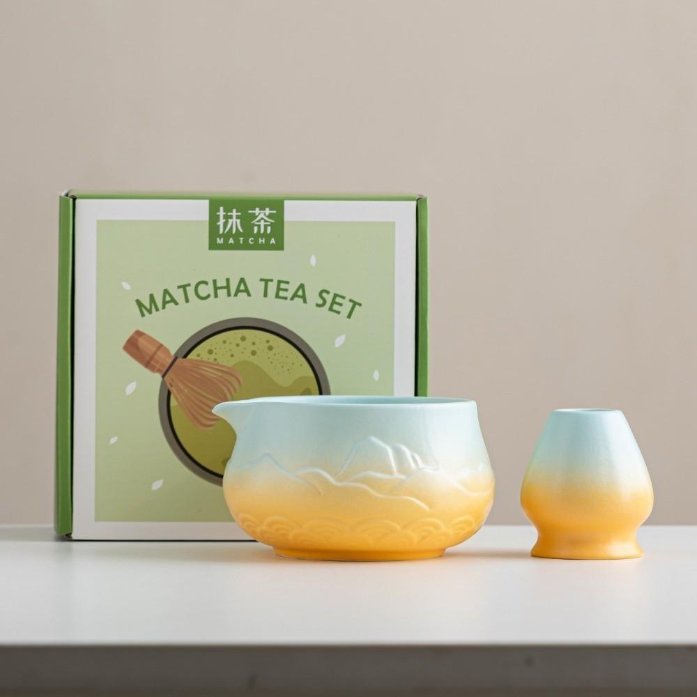 Ceramic Matcha Bowl Gradient Color with Pouring Spout Matcha Making Kit Reusable Mountain and Sea Japanese Tea Set Tea Lovers