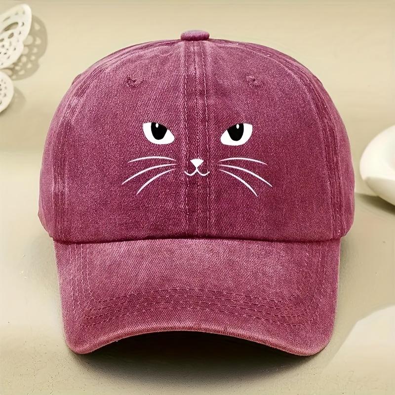 Cute Cat Face Print Washed Baseball Cap Polyester Unisex Casual Outdoor Adult Cap