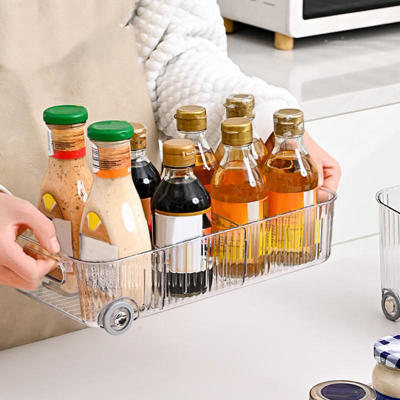 Freezer Organizer Bins Clear Compartment Fridge Shelf Refrigerator Organizer With Rollers Multi-functional Adjustable Kitchen