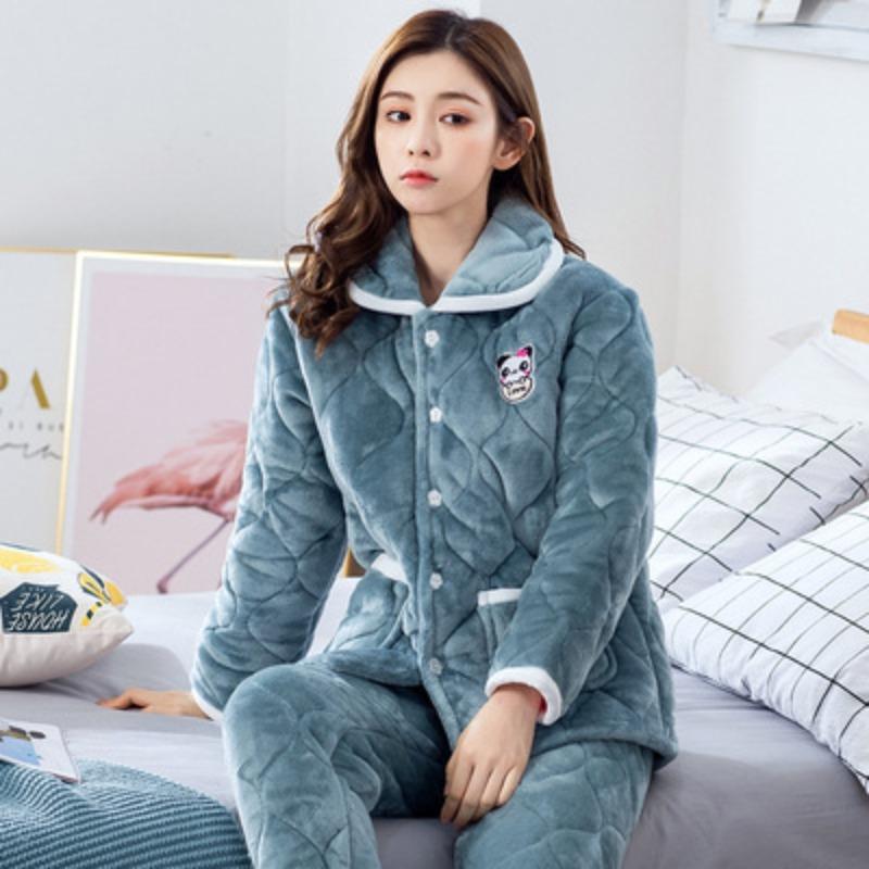 Coral fleece women's pajamas three-layer padded cotton thickened pregnancy postpartum breastfeeding set thermal loungewear
