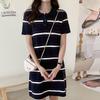 Women's Spring-Summer Striped Cotton Polo Dress - Color Block, Short Sleeve, Knit T-shirt.