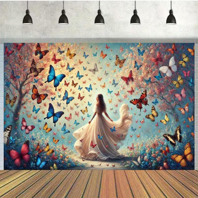 2D Printing Whimsical Canvas Art, Woman In White Dress with Butterflies Wall Decor