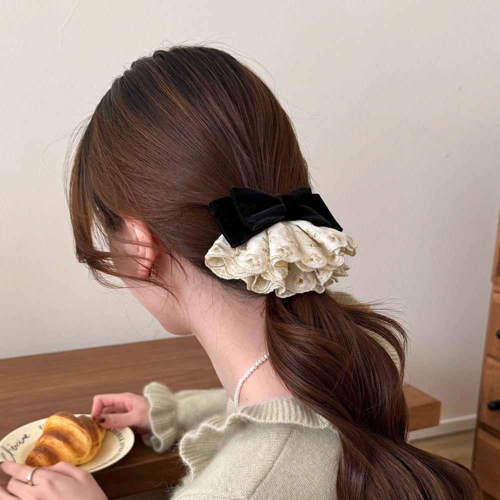 Wine Red Bowknot Spring Clip Cloth Lace Bow Hairpin Sweet Red Velvet Bow Hair Clip  Ponytail Holder