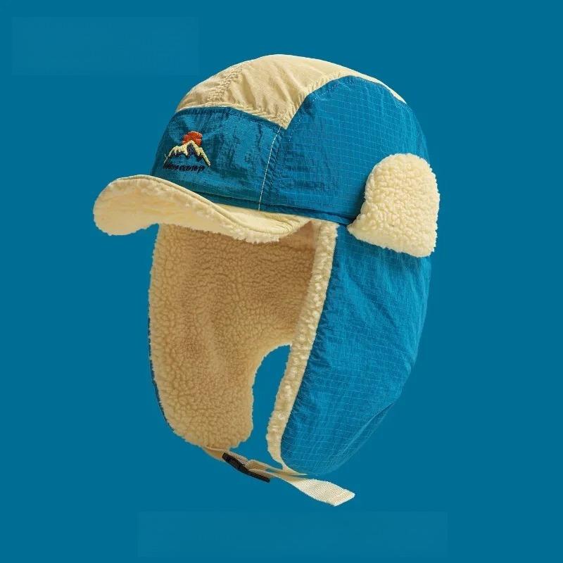 

Fashion Embroidered Color Matching Plush Lei Feng Caps for Men and Women Riding Winter Outdoors Warm Earflaps Bomber Hats 56-58cm синій