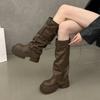 Thick-soled Pleated Belt Buckle Trouser Boots Women's 2025 New European and American Side Zipper But Knee Fashion Boots Knight Boots Tide