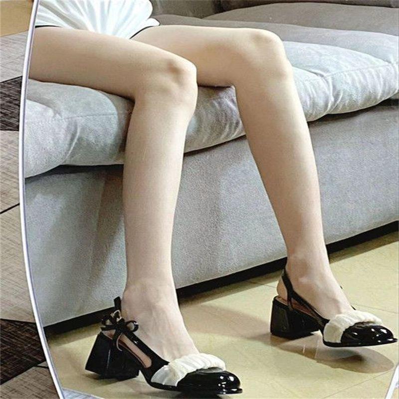New Bow Elegant Temperament Bag Head Square Root Sandals Versatile Strap Shoes