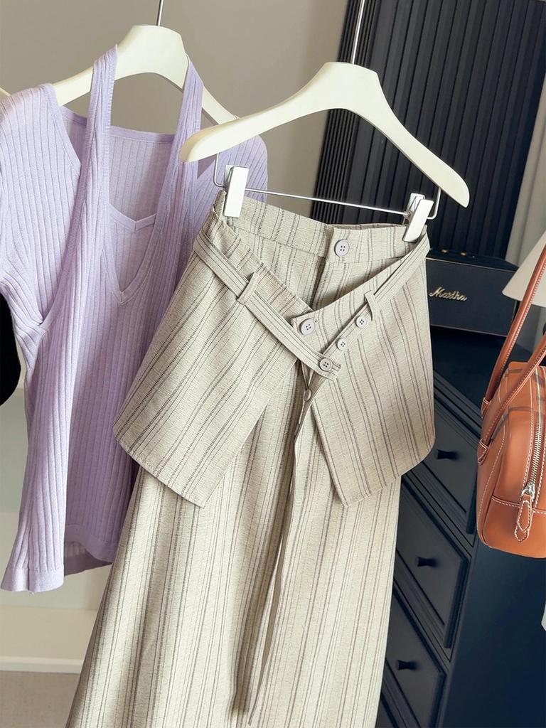 High-Waisted Striped Half-Skirt Suit for Women - New Spring/Summer Slim Fit with Back Flap, Mid-Length.