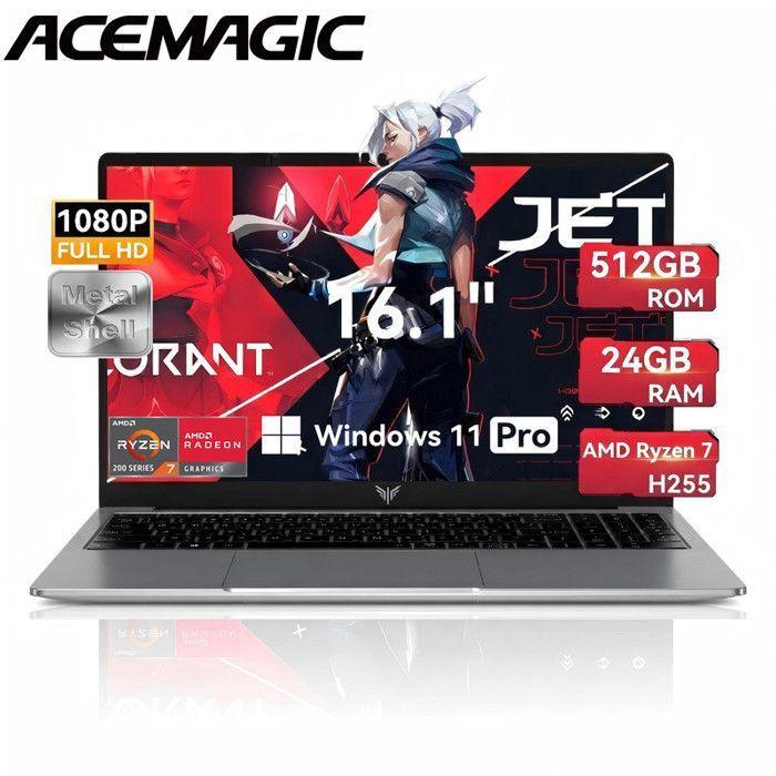 ACEMAGIC PC Portable Gamer Ryzen 7 H255 (Jusqu'à 4,9 Hz), DDR5 24 Go RAM 512 Go SSD 16" Ordinateur Portable,Clavier rétroéclairé