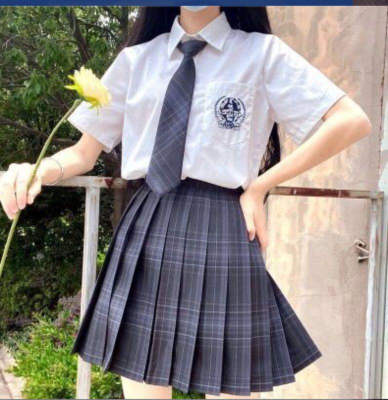 Japanese JK Sailor Suit: Teen Spring/Summer Full Set with Embroidered Shirt & Pleated Grid Skirt
