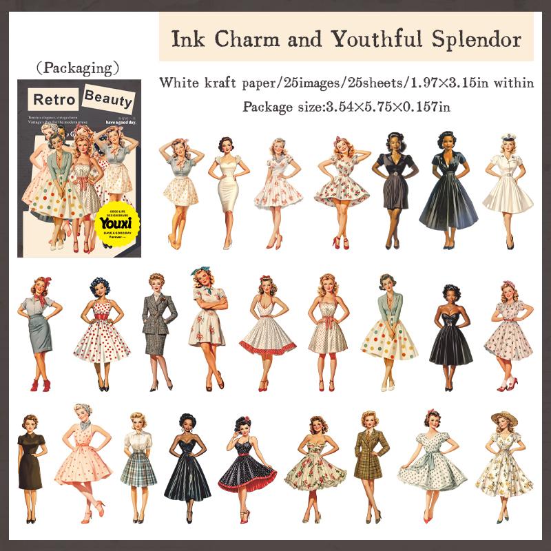 25sheets/bag Retro Girl Sticker Pack Art Decorative Hand Account Scrapbooking Supplies Office Stationery Box Stickers Desktop