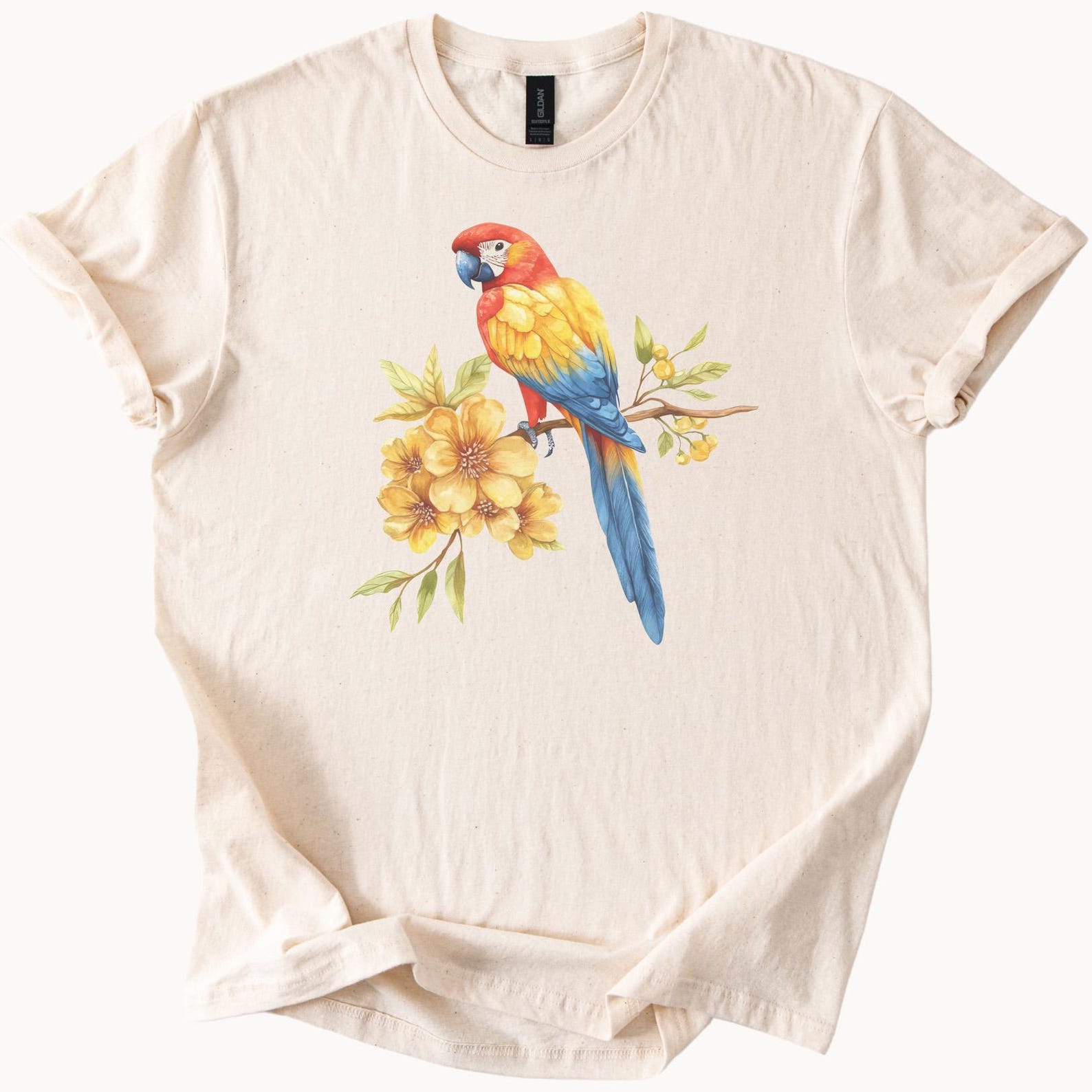 Colorful Parrot Graphic T Shirt with Tropical Yellow Flowers Watercolor Bird Art Nature Inspired Tee Animal Lover Gift Shirt 120