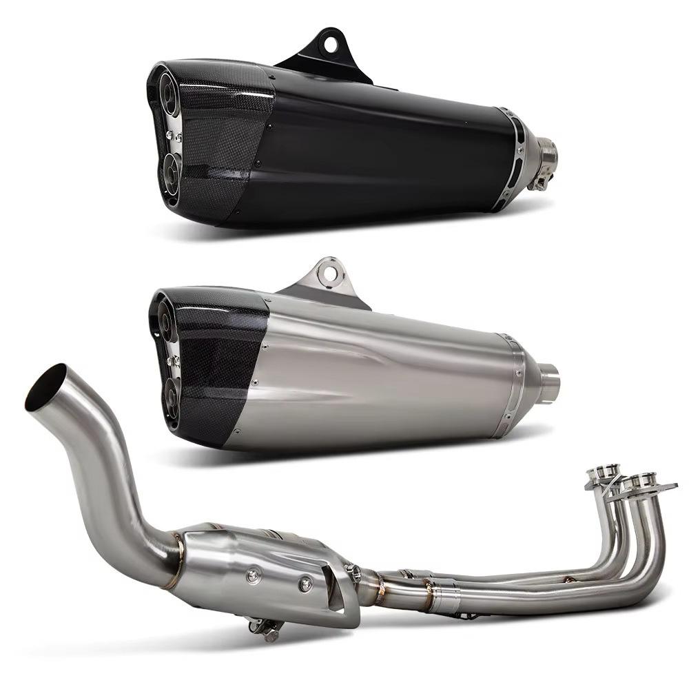 TMAX Carbon Fiber Laser-Etched Stainless Steel Front Pipe for 17-24 Year Motorcycle Exhaust Modification.