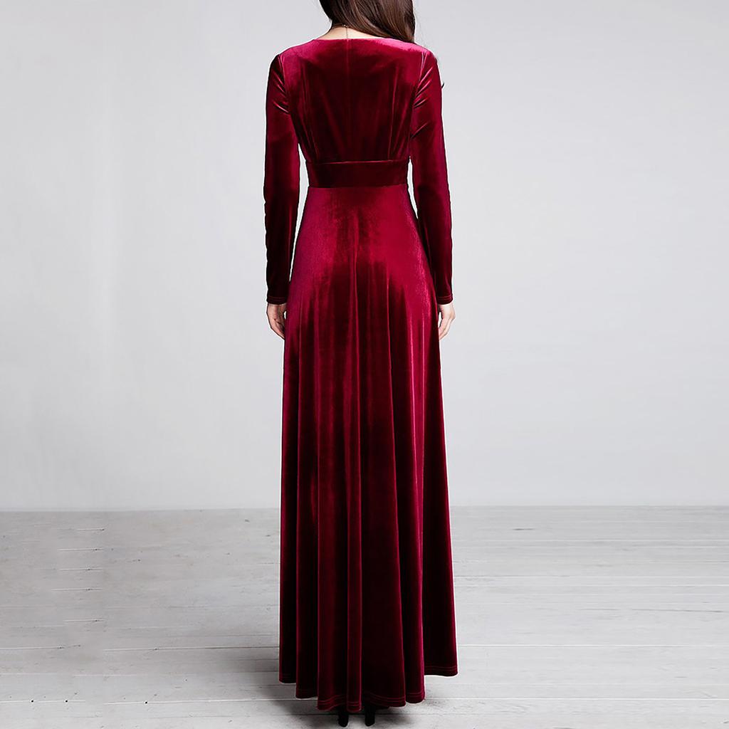 Damen Herbst und Winter Gold Samt V-Ausschnitt einfarbig langärmeliges Partykleid