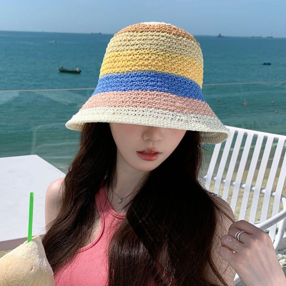 Stripe Sunscreen Bucket Hat Weave Beach Fisherman Hat Sweet Rainbow Straw Hat  Outdoor Sports