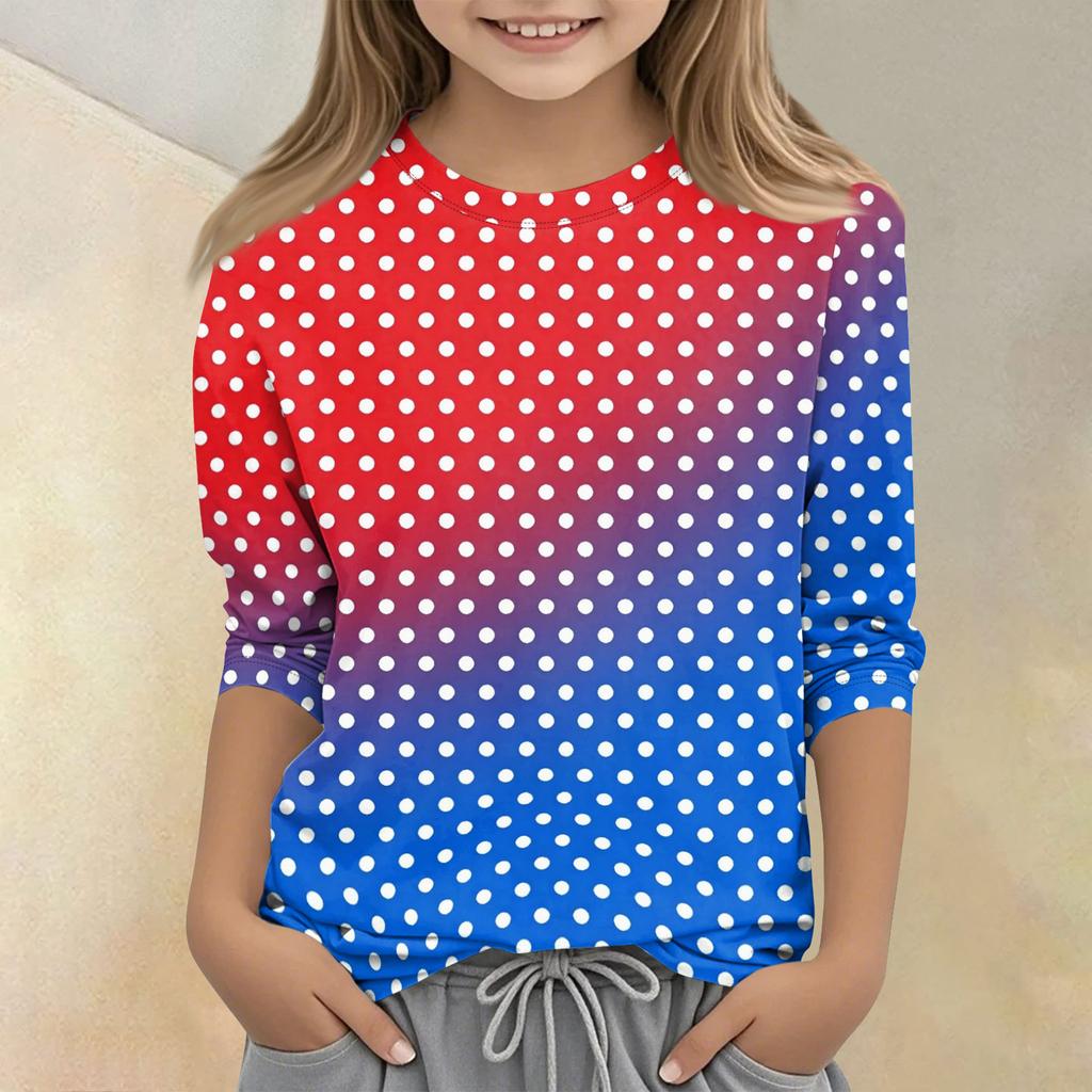 Kids Polka Dot Print Crew Neck Three Quarter Sleeve Casual T Shirt Comfortable Fit Soft Fabric Durable Stitching Suitable for Daily Wear