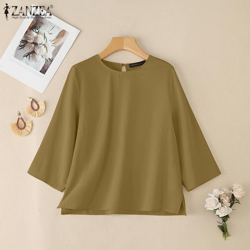 ZANZEA Women Casual Round Neck Solid Color 3/4 Sleeve Loose Blouse