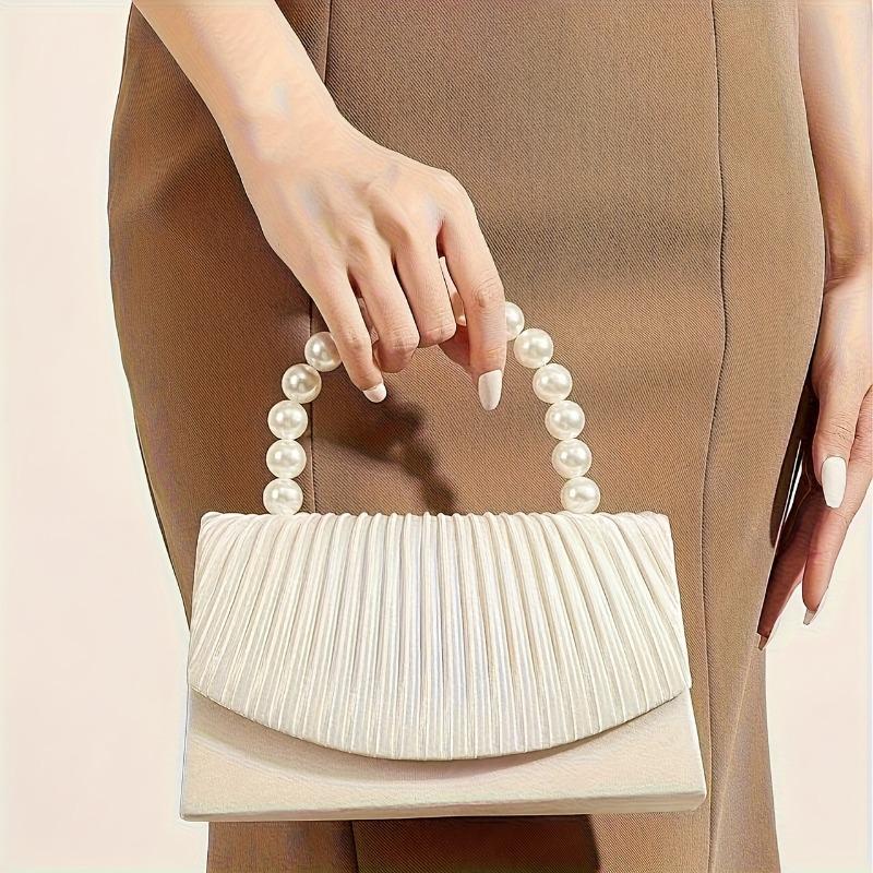 Elegant Pleated Crossbody Bag, Luxurious and Fashiable Handbag, Versatile Pearl Handle Striped Design Shoulder Bags
